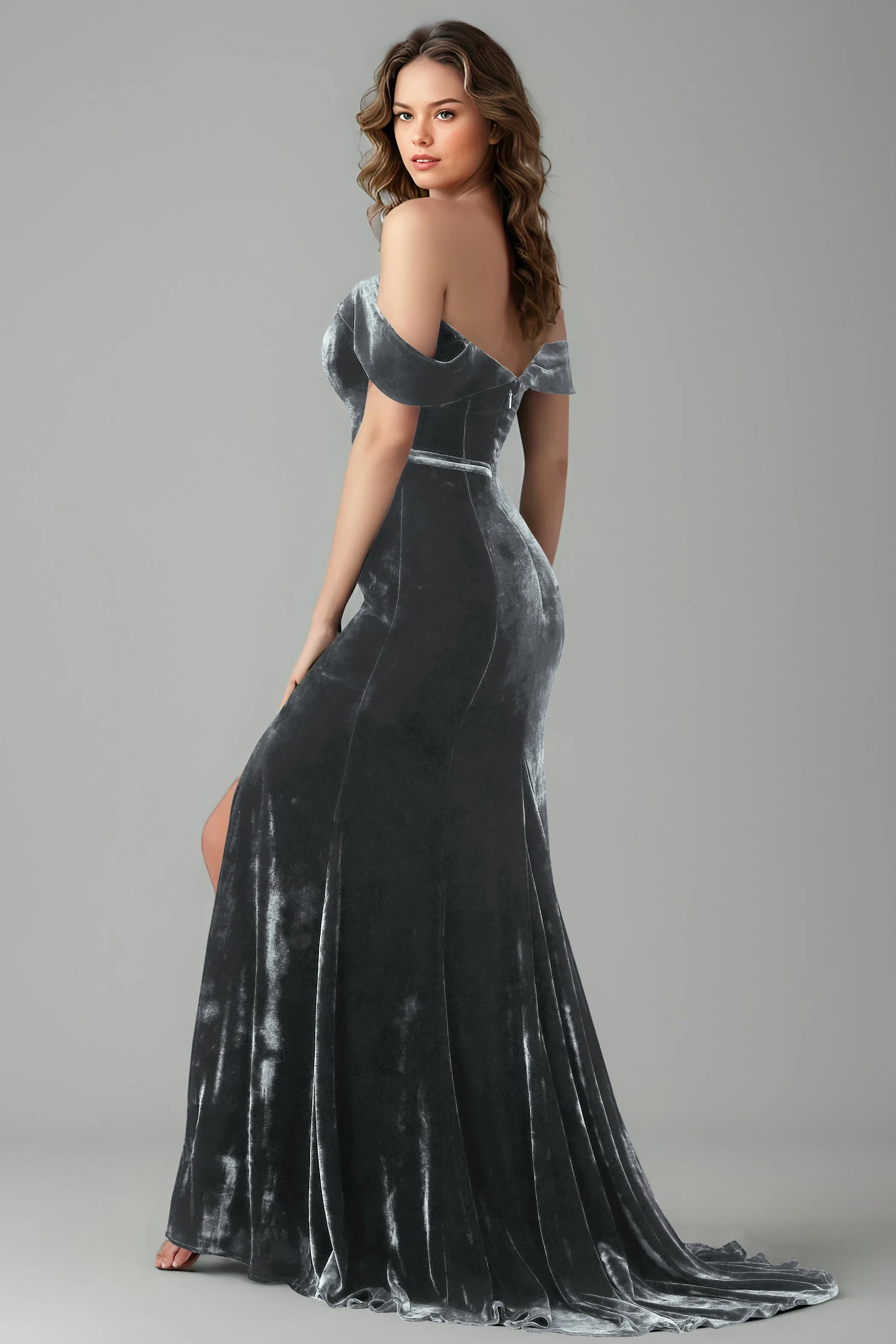 New Arrival Off the Shoulder Mermaid Velvet Bridesmaid Dresses with Slit