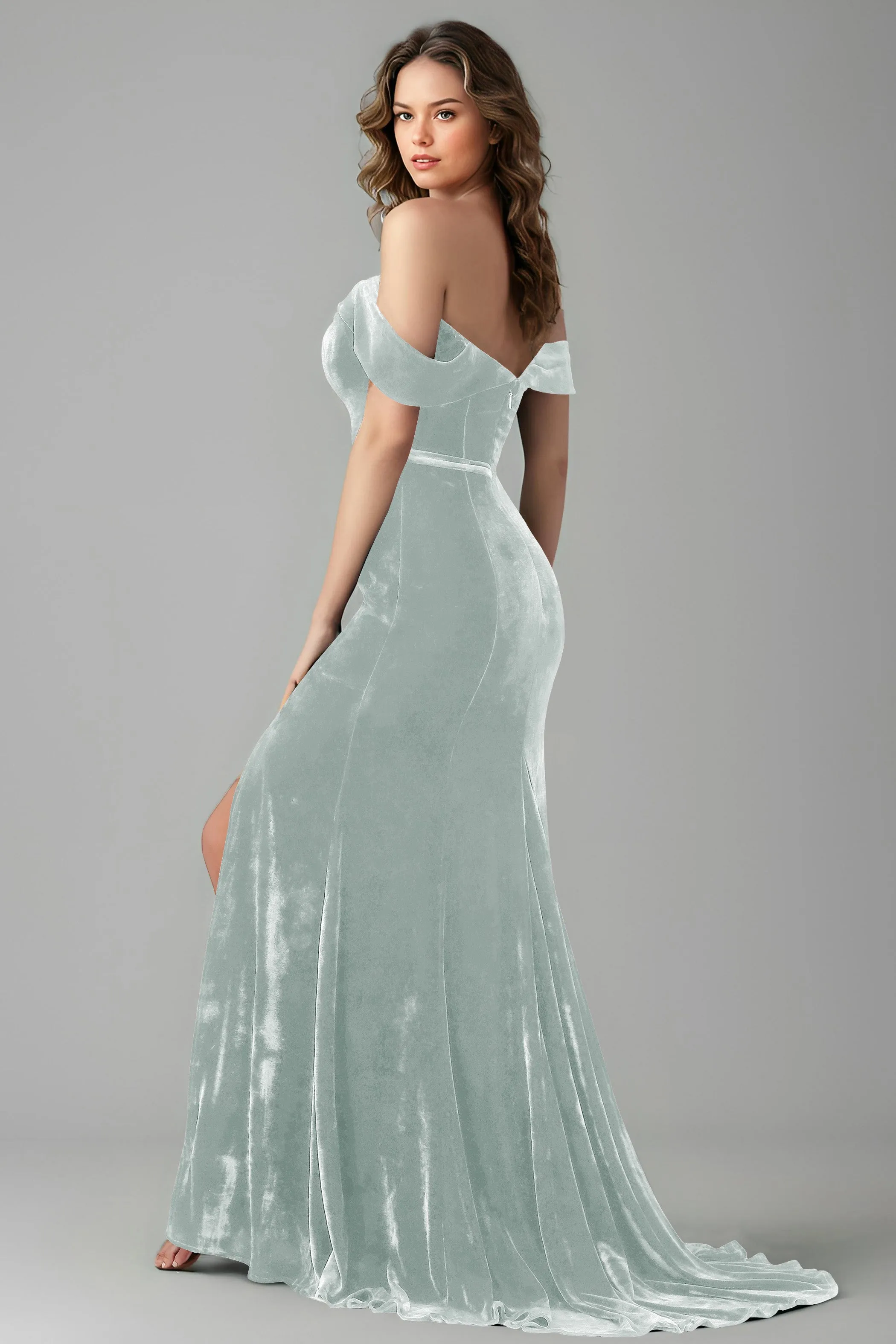 New Arrival Off the Shoulder Mermaid Velvet Bridesmaid Dresses with Slit