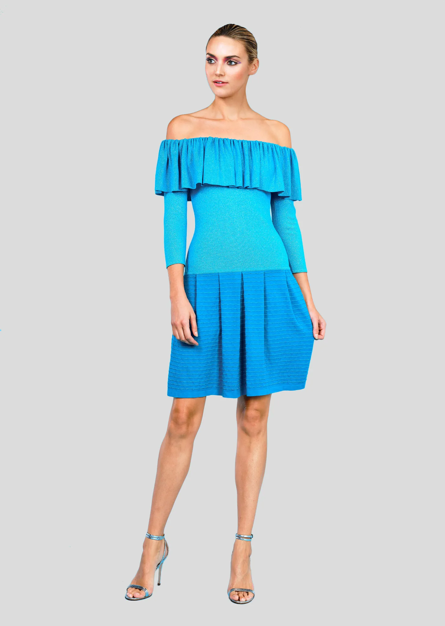 Nynette Dress - Metallic Ruffle Shoulder Dress with Drop Waist