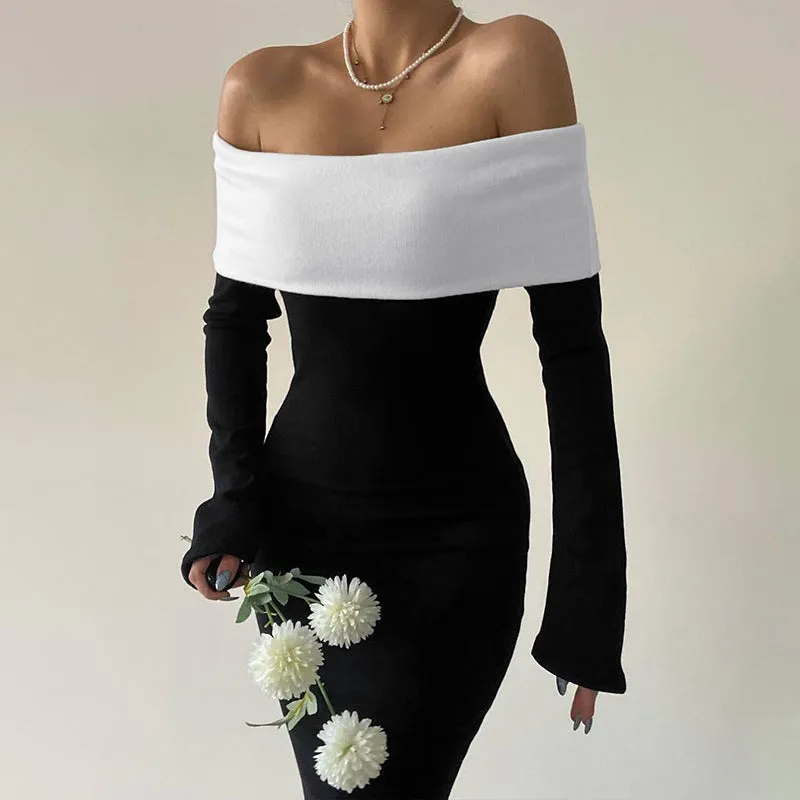 Off-shoulder long-sleeved long dress