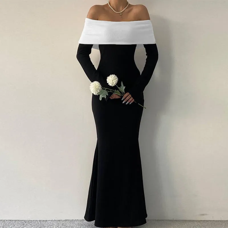 Off-shoulder long-sleeved long dress