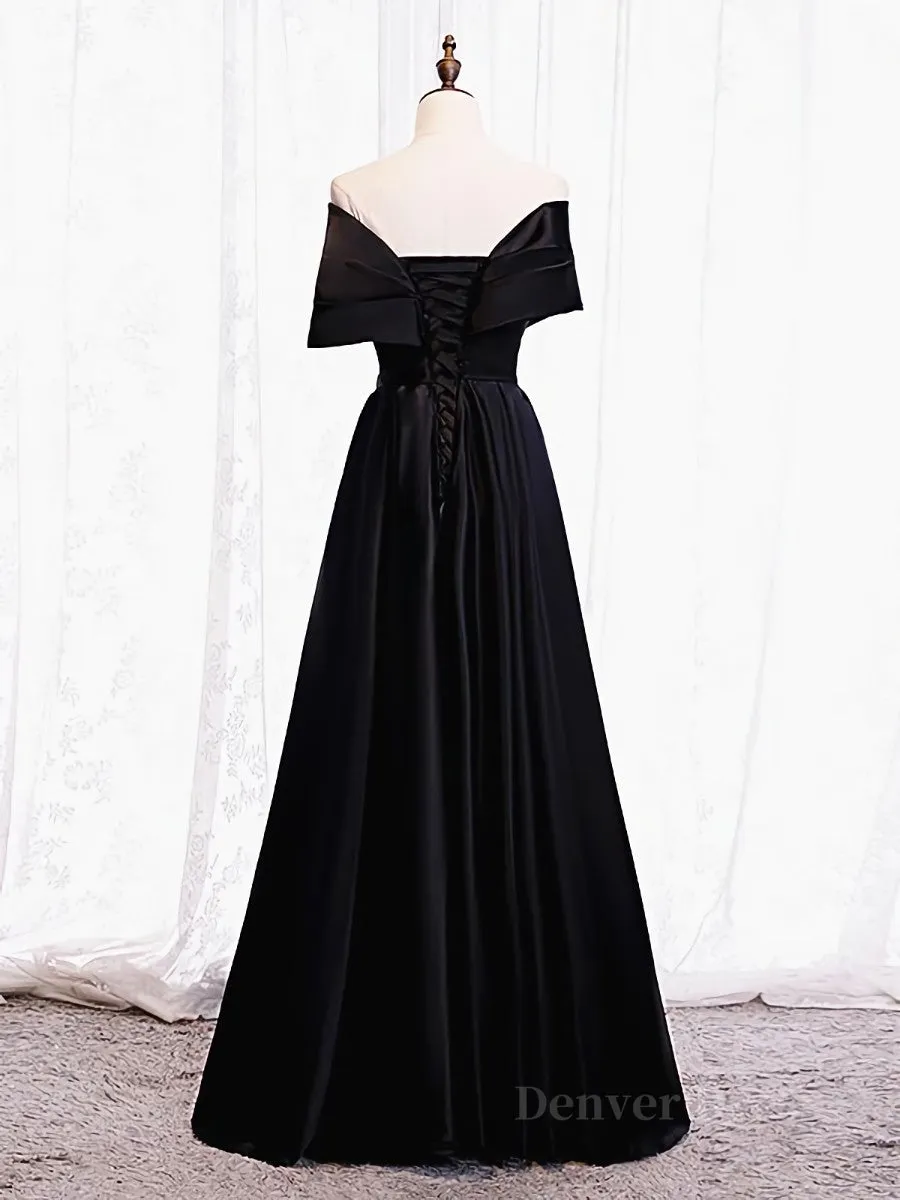 Off the Shoulder Black Long Prom Dresses with Corset Back, Black Off the Shoulder Formal Evening Dresses