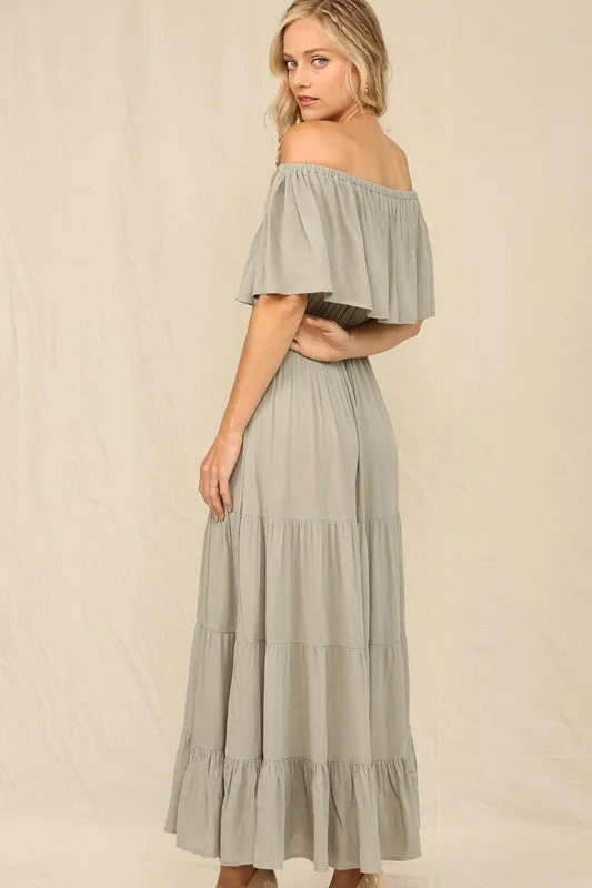 Olive Off Whoulder Maxi Dress With Ruffle Top