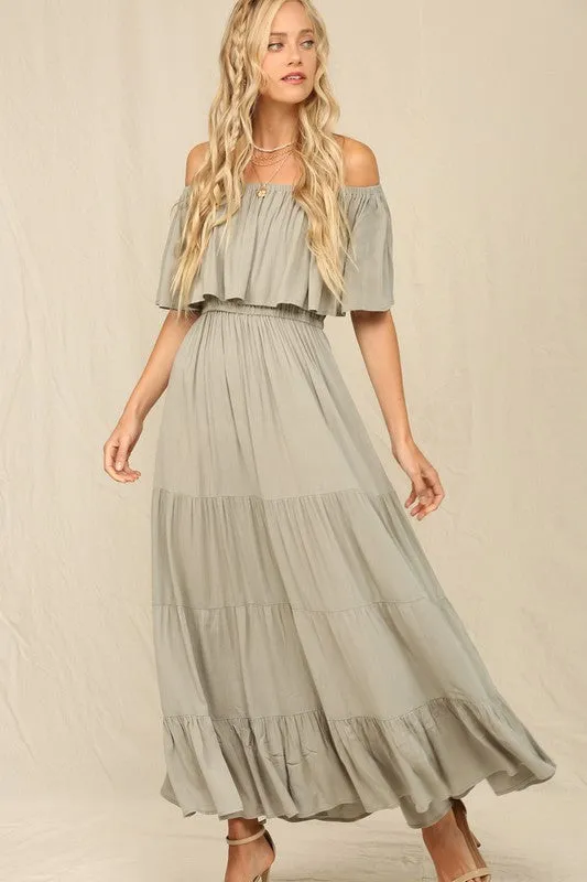 Olive Off Whoulder Maxi Dress With Ruffle Top