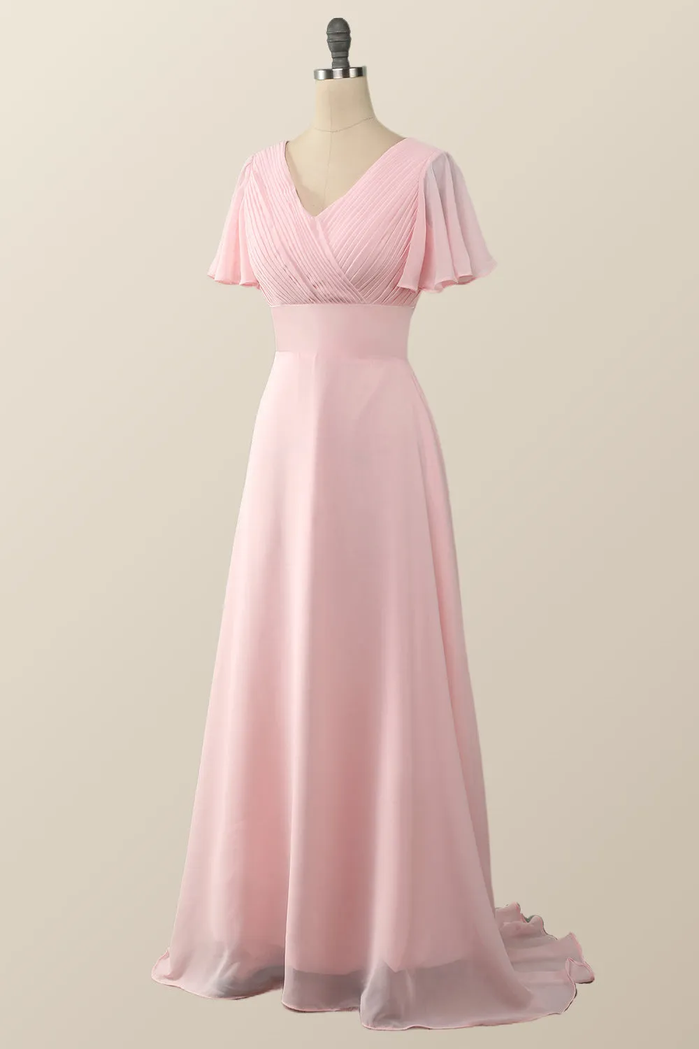 Pleated Pink Flare Sleeves Chiffon Long Bridesmaid Dress