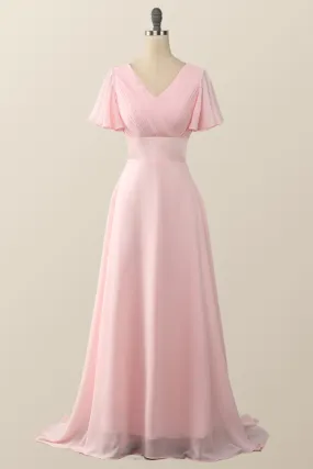 Pleated Pink Flare Sleeves Chiffon Long Bridesmaid Dress