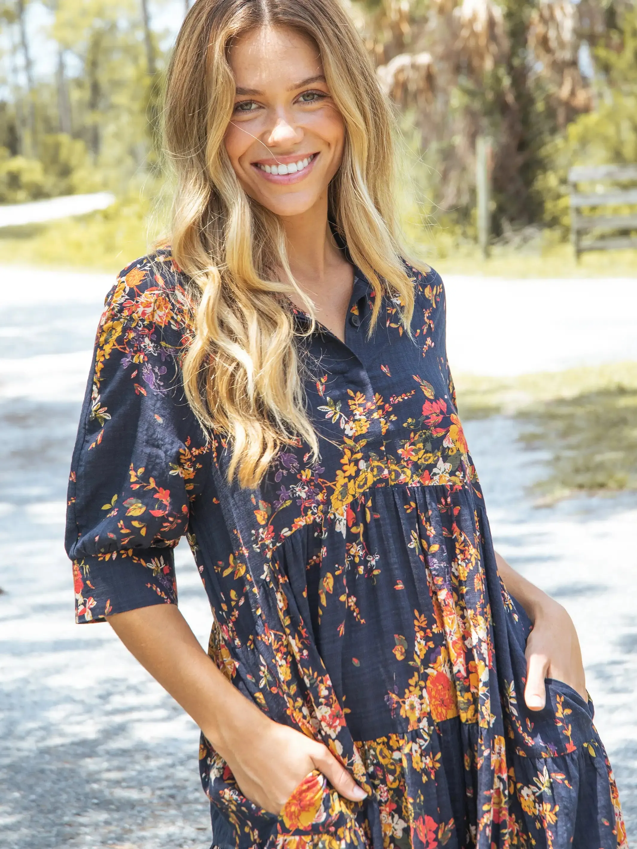 Rebecca Midi Dress - Navy Red Bouquets