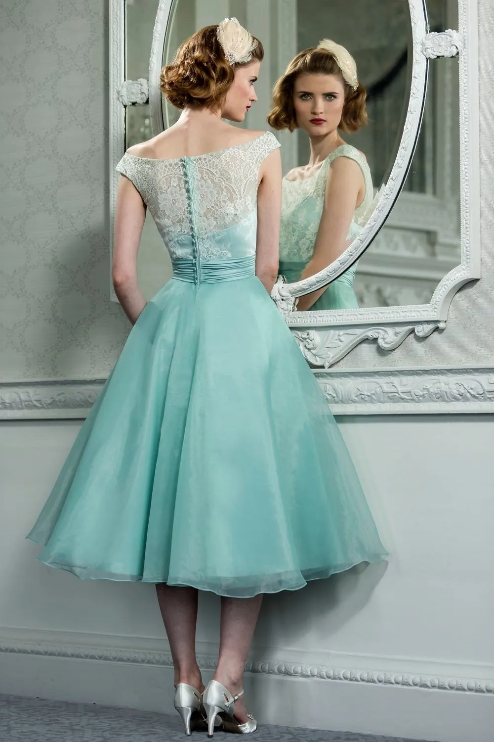 Retro Vintage Style Lace Organza Tea Length Wedding Prom Formal Dress