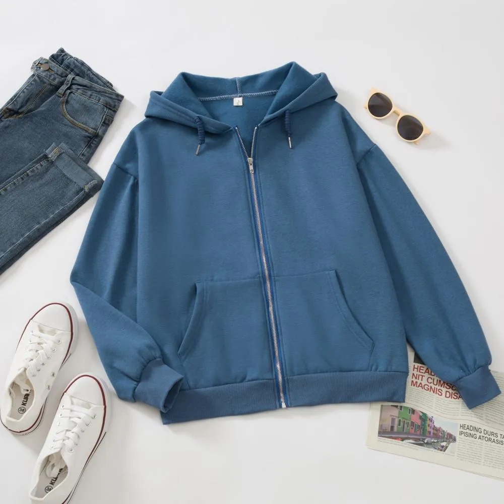 Solid Color Soft Zip-Up Hoodie