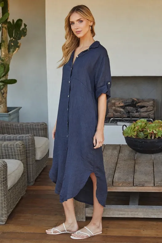 Solid Midi-Length Linen Dress NAVY BLUE