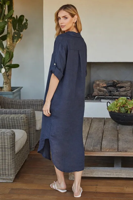 Solid Midi-Length Linen Dress NAVY BLUE