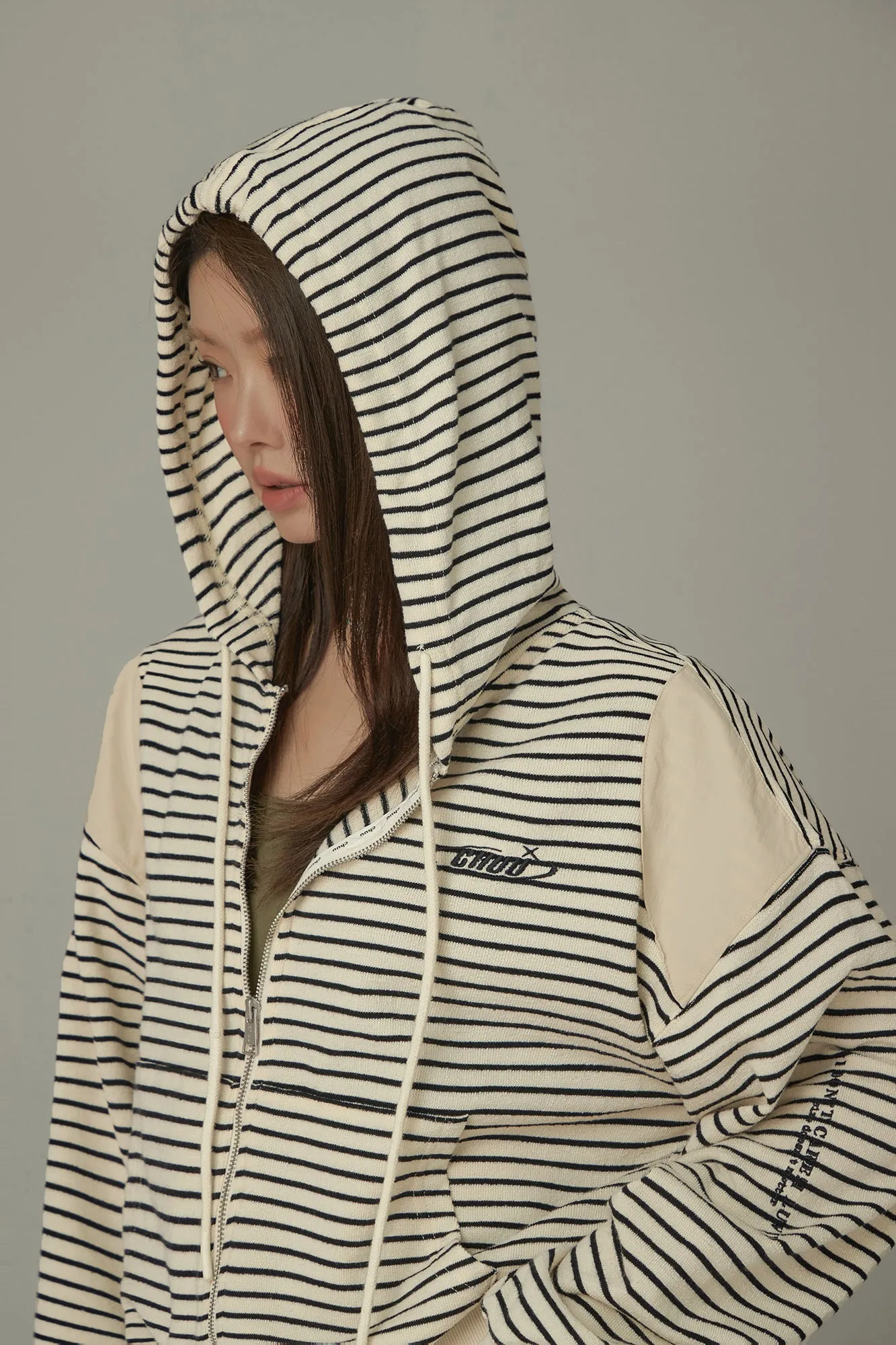 Stripe Hooded Drawstring Loosefit Zip-Up