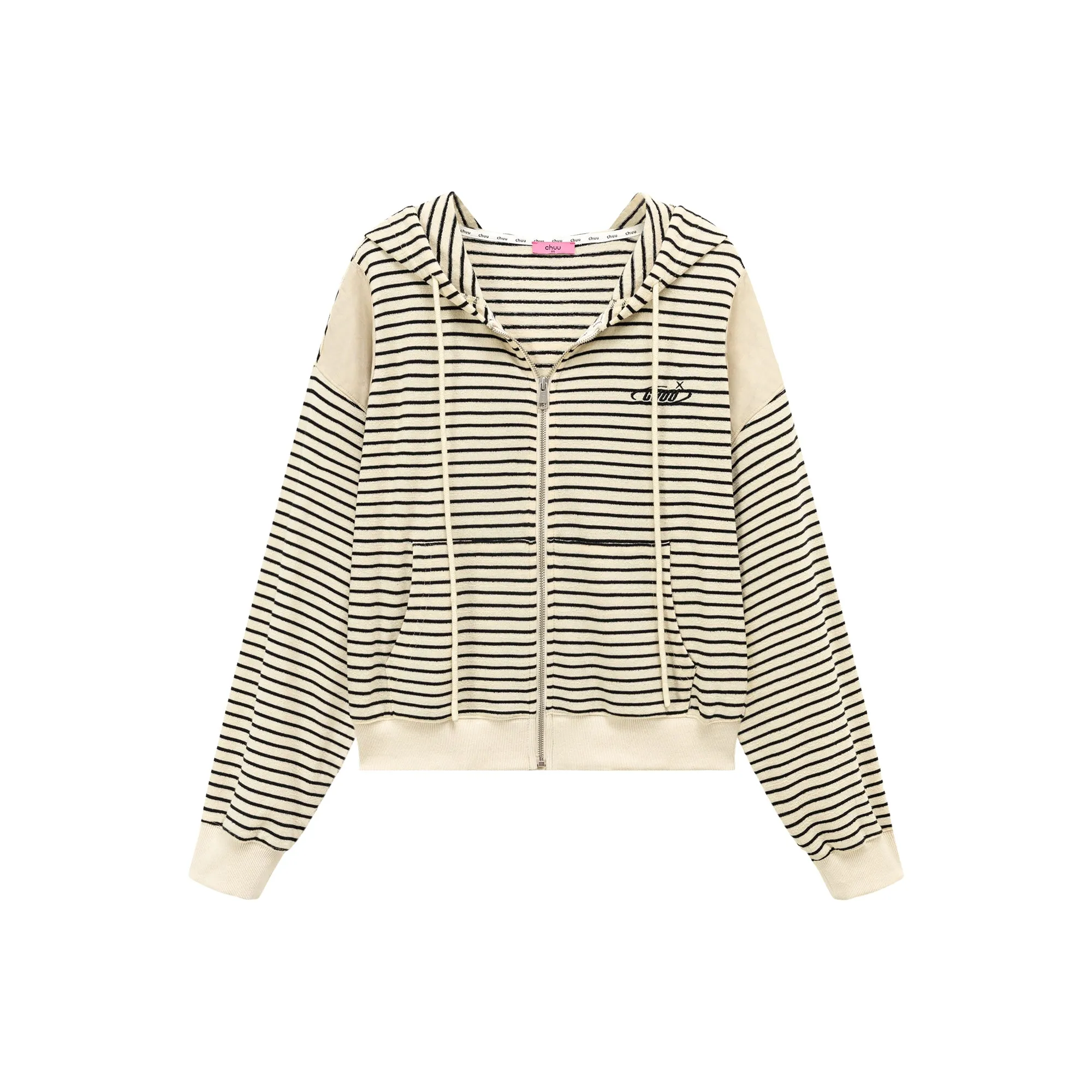 Stripe Hooded Drawstring Loosefit Zip-Up