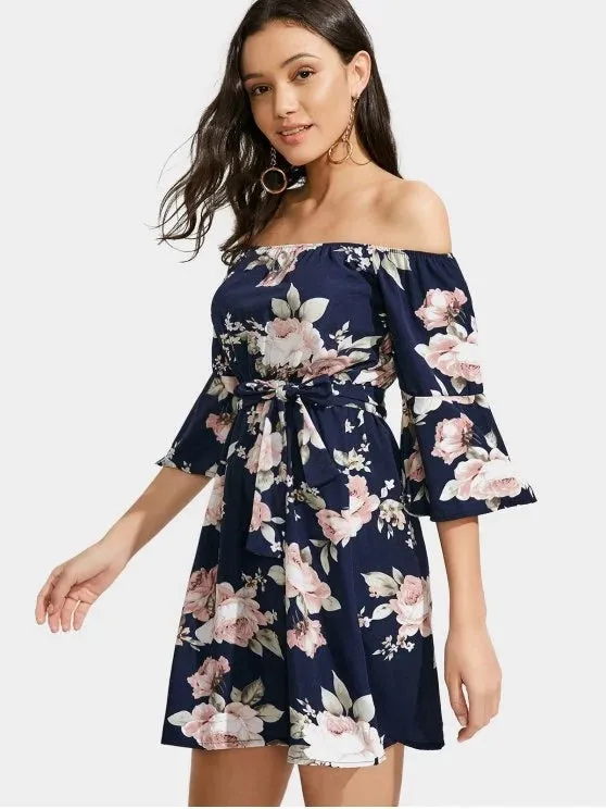 TastyHottie - Cute Floral Off Shoulder Belted Dress