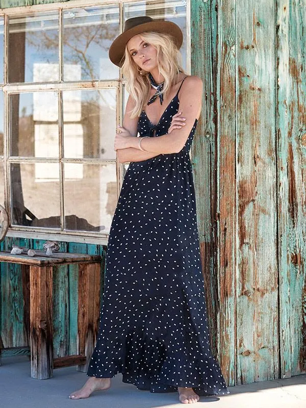 TastyHottie - Lovely Spaghetti-Neck Bow-Embellished Polka-Dot Maxi Dress