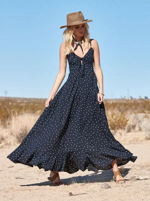 TastyHottie - Lovely Spaghetti-Neck Bow-Embellished Polka-Dot Maxi Dress