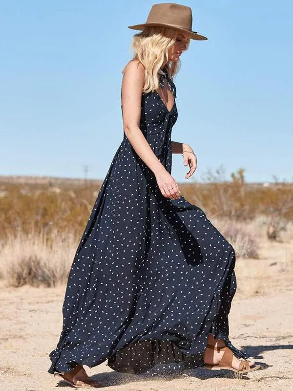 TastyHottie - Lovely Spaghetti-Neck Bow-Embellished Polka-Dot Maxi Dress