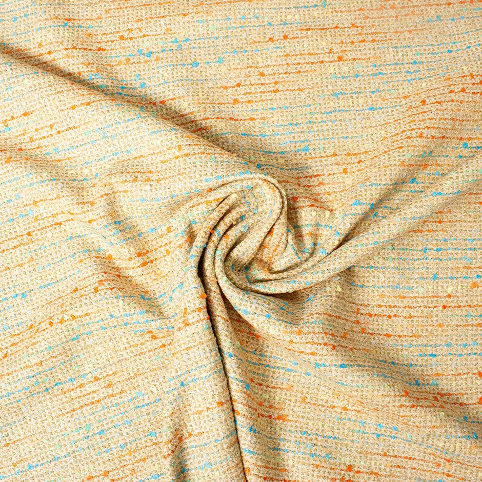 Turquoise & Orange Flecked Beige Cotton Blend Bouclé