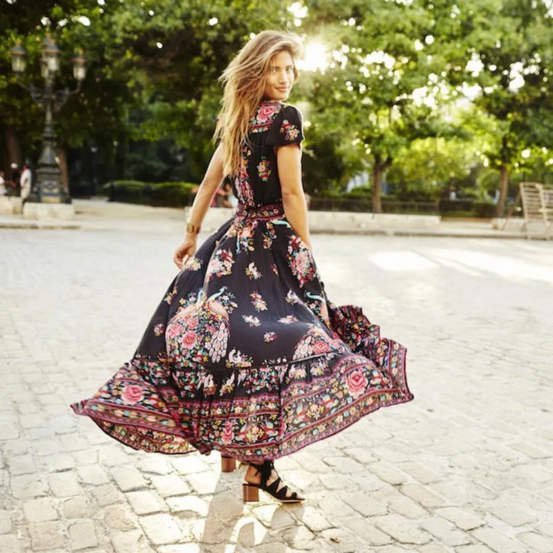 VenusFox Floral Bohemian Maxi Beach Dress