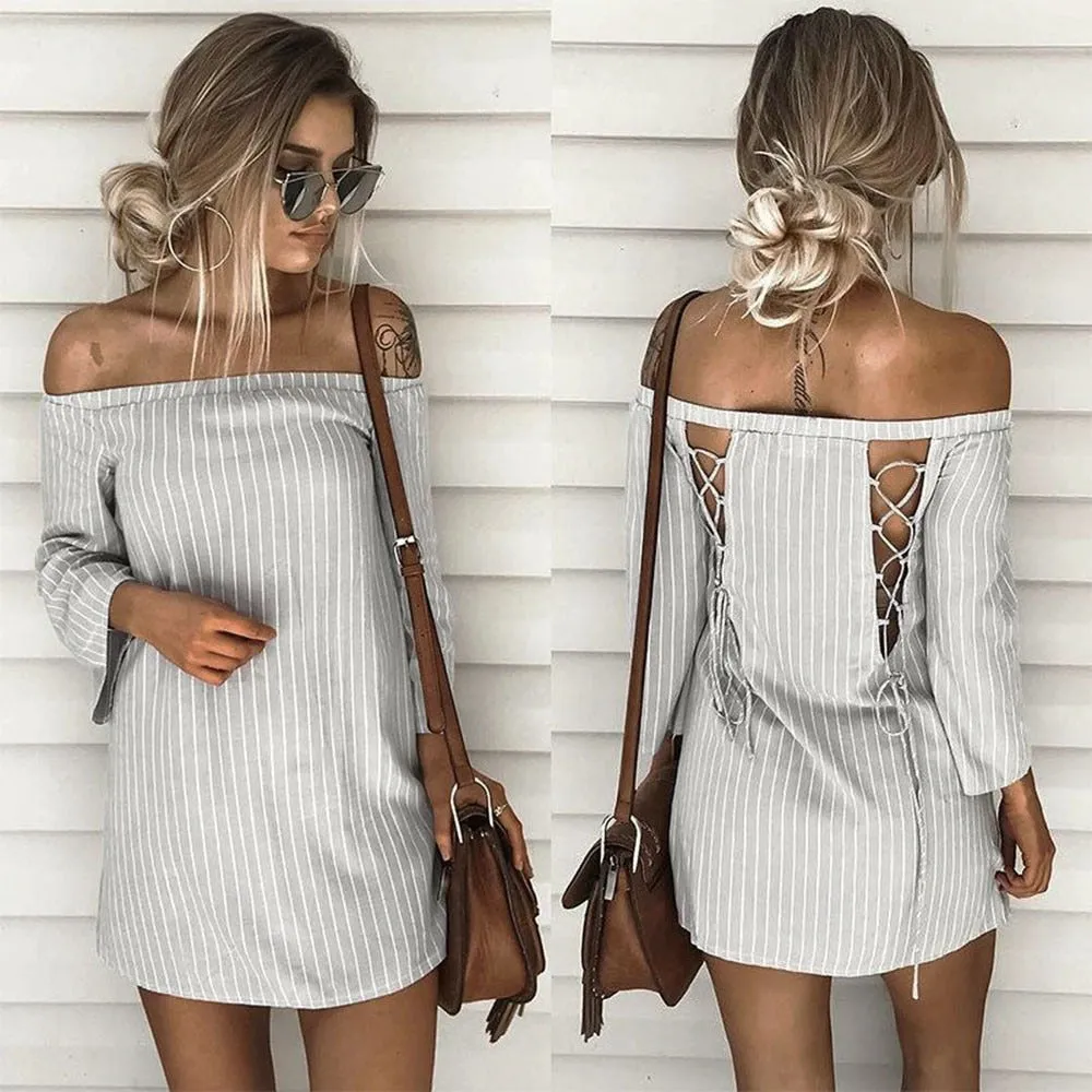 VenusFox Striped Off Shoulder Shirt Dress