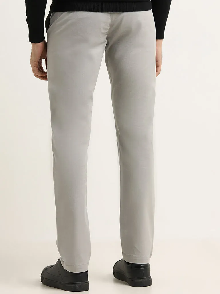 WES Casuals Grey Cotton-Blend Slim Fit Mid Rise Chinos