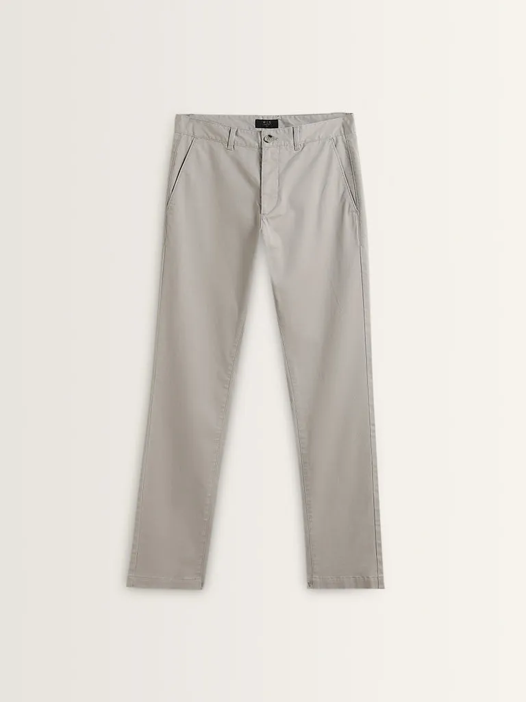 WES Casuals Grey Cotton-Blend Slim Fit Mid Rise Chinos