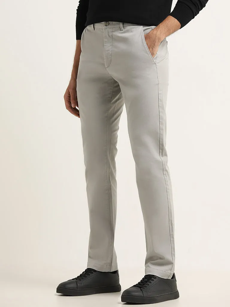 WES Casuals Grey Cotton-Blend Slim Fit Mid Rise Chinos