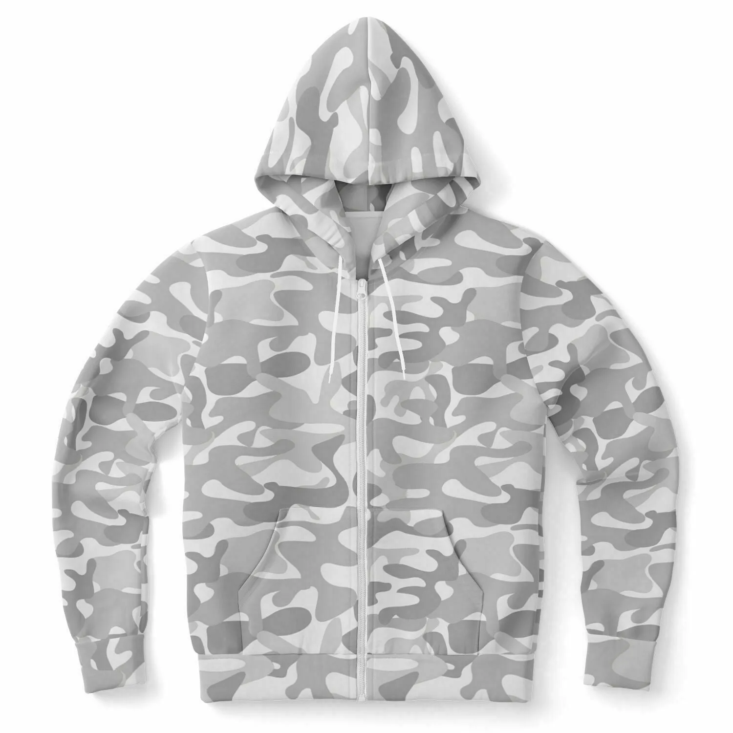 White Camo Zip Up Hoodie, Camouflage Grey Cream Full Zipper Pocket Men Women Unisex Adult Aesthetic Graphic Cotton Fleece Hooded Sweatshirt