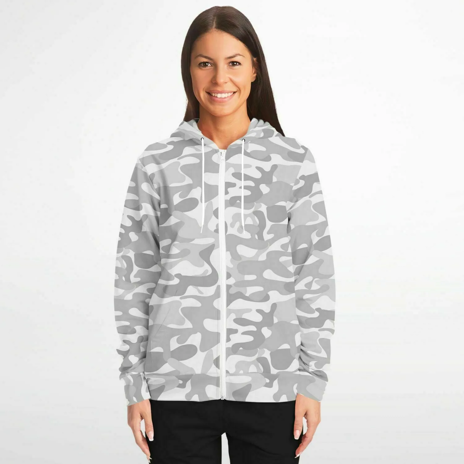 White Camo Zip Up Hoodie, Camouflage Grey Cream Full Zipper Pocket Men Women Unisex Adult Aesthetic Graphic Cotton Fleece Hooded Sweatshirt