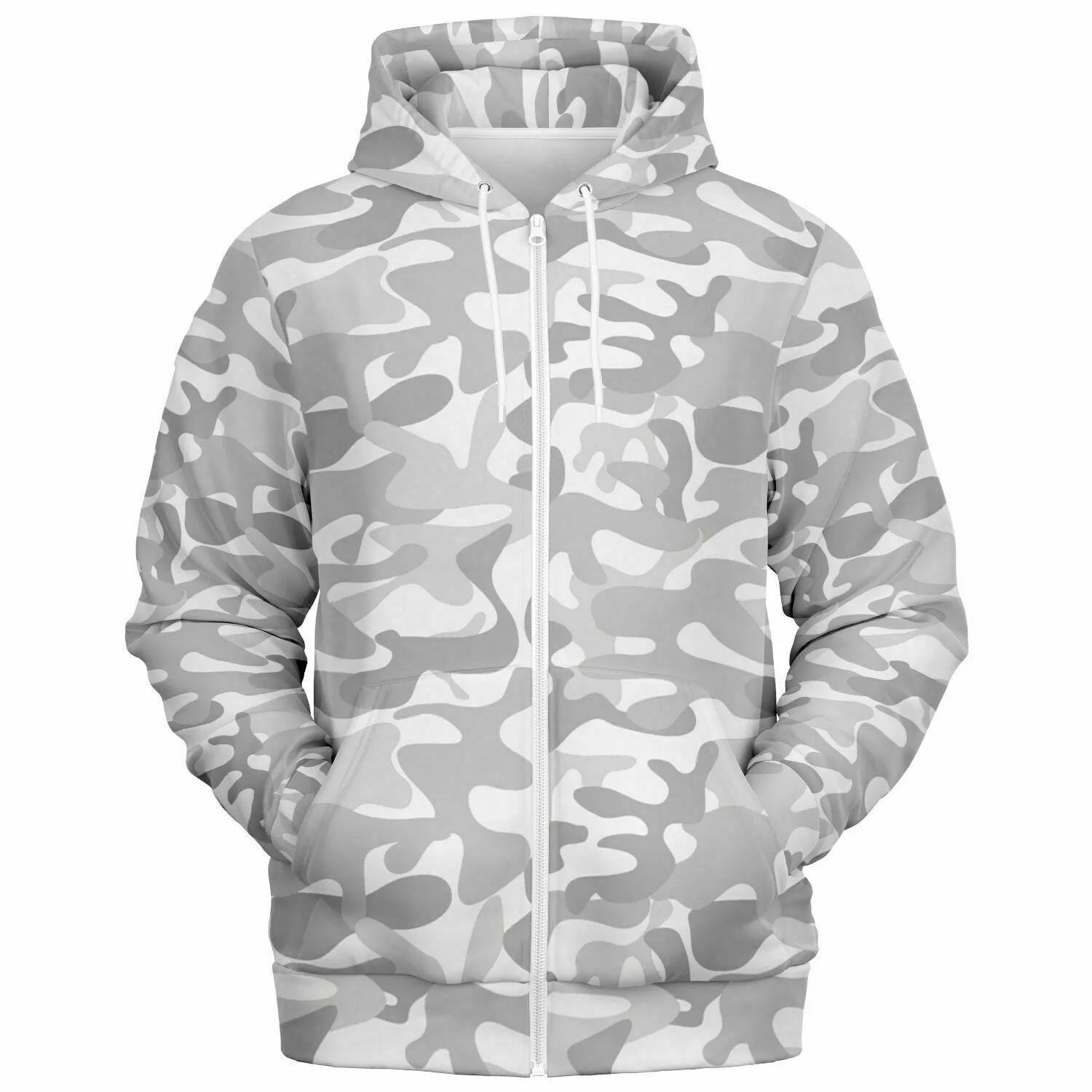 White Camo Zip Up Hoodie, Camouflage Grey Cream Full Zipper Pocket Men Women Unisex Adult Aesthetic Graphic Cotton Fleece Hooded Sweatshirt