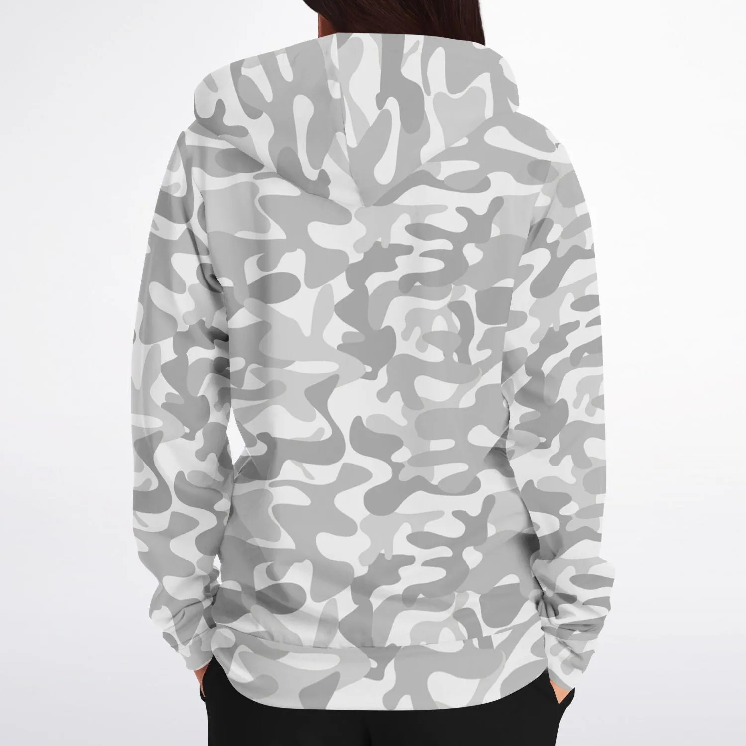 White Camo Zip Up Hoodie, Camouflage Grey Cream Full Zipper Pocket Men Women Unisex Adult Aesthetic Graphic Cotton Fleece Hooded Sweatshirt