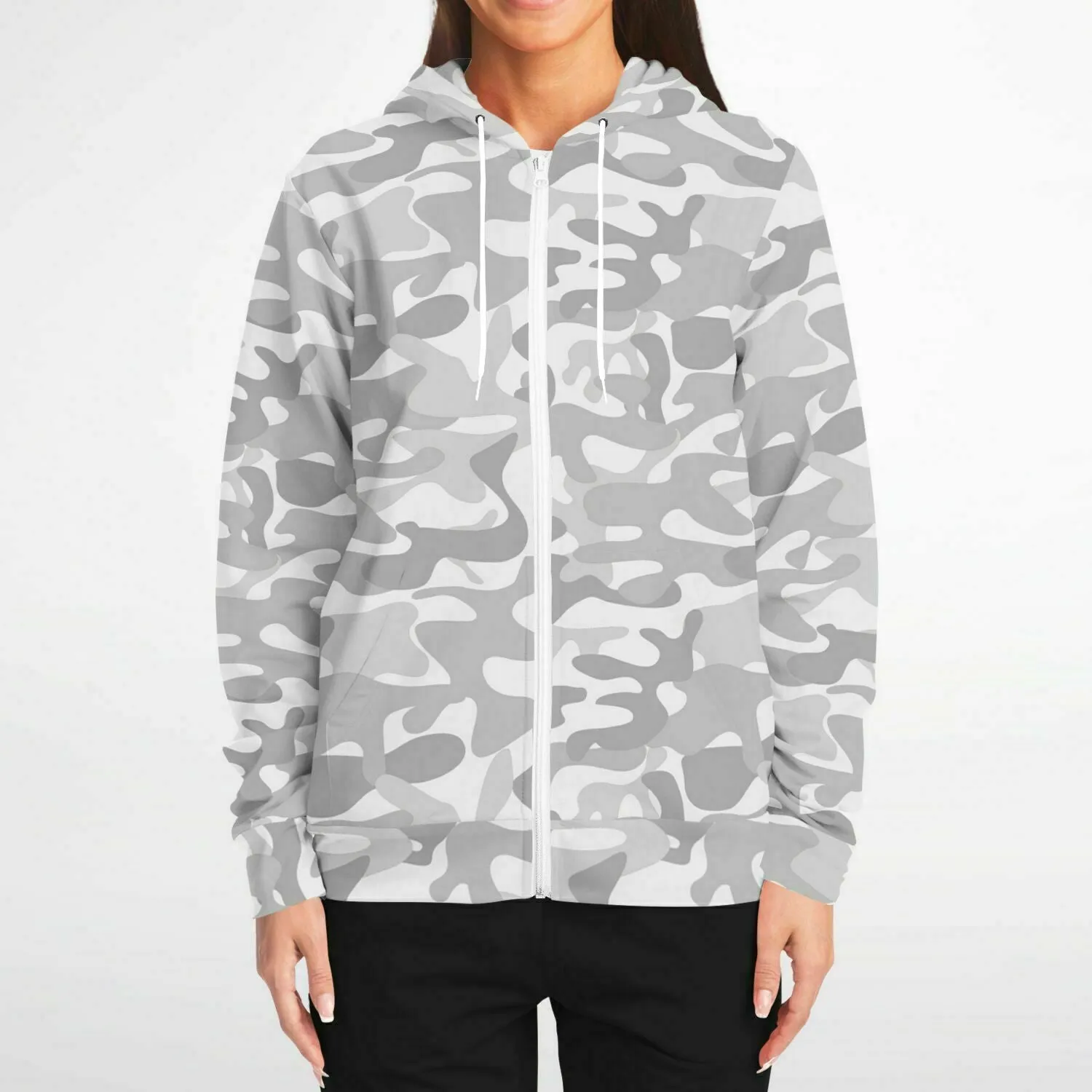 White Camo Zip Up Hoodie, Camouflage Grey Cream Full Zipper Pocket Men Women Unisex Adult Aesthetic Graphic Cotton Fleece Hooded Sweatshirt