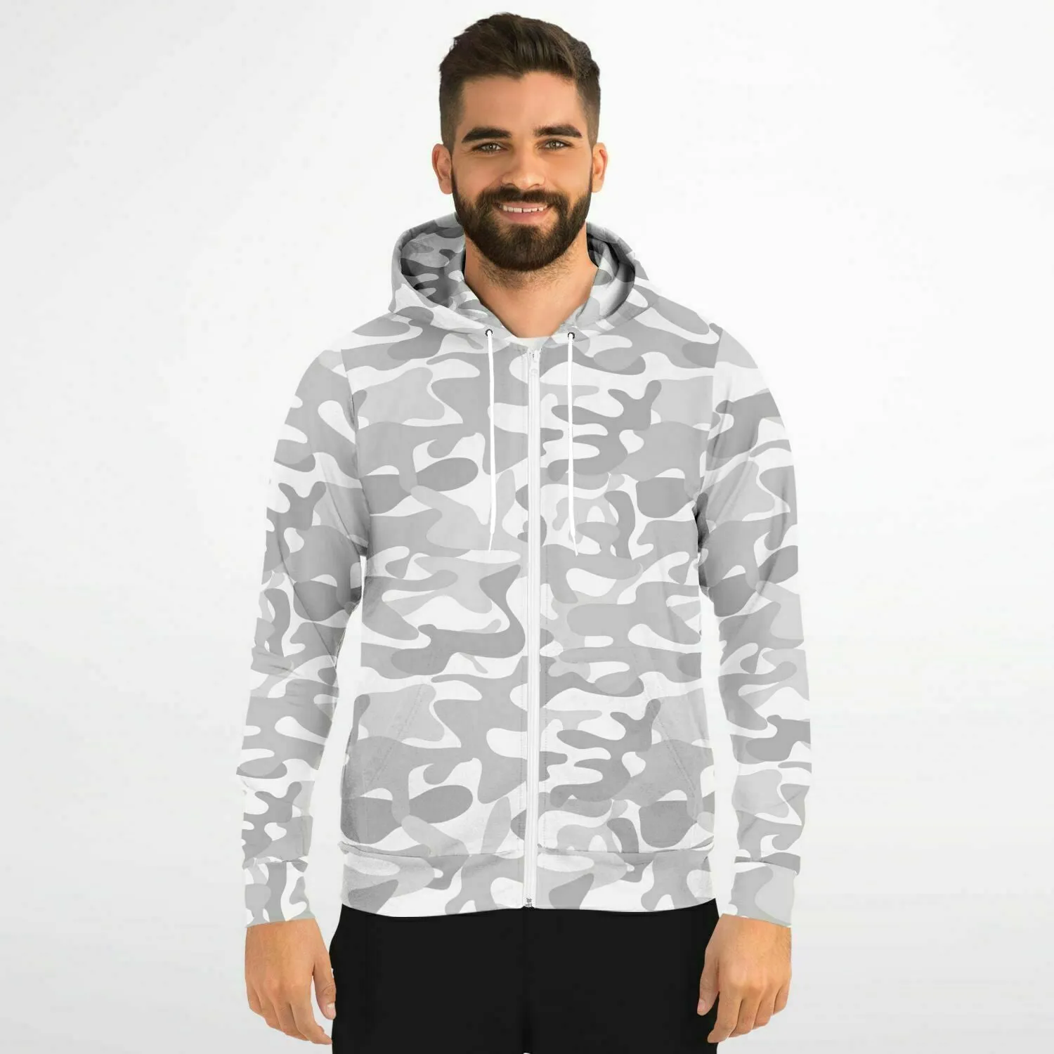 White Camo Zip Up Hoodie, Camouflage Grey Cream Full Zipper Pocket Men Women Unisex Adult Aesthetic Graphic Cotton Fleece Hooded Sweatshirt