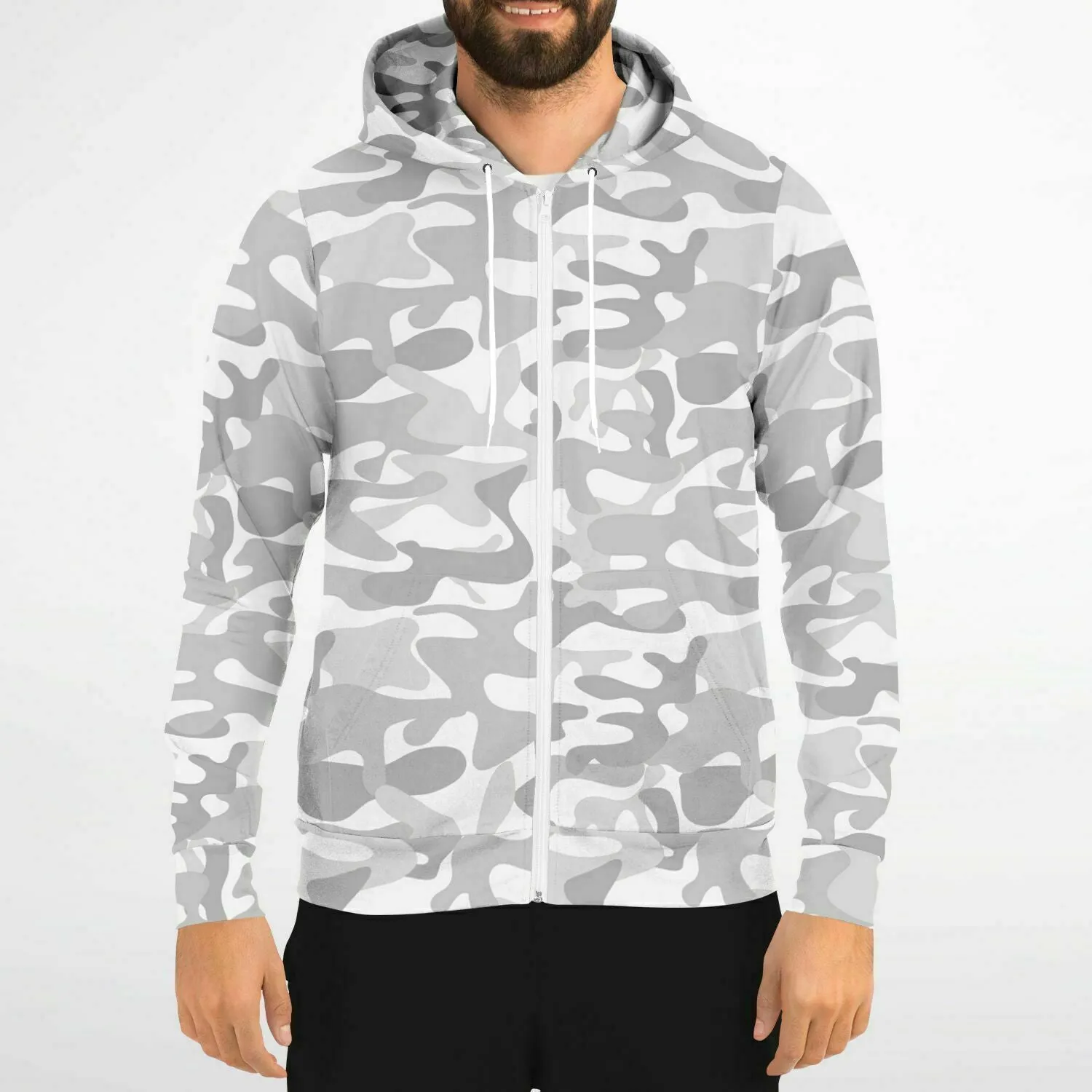 White Camo Zip Up Hoodie, Camouflage Grey Cream Full Zipper Pocket Men Women Unisex Adult Aesthetic Graphic Cotton Fleece Hooded Sweatshirt