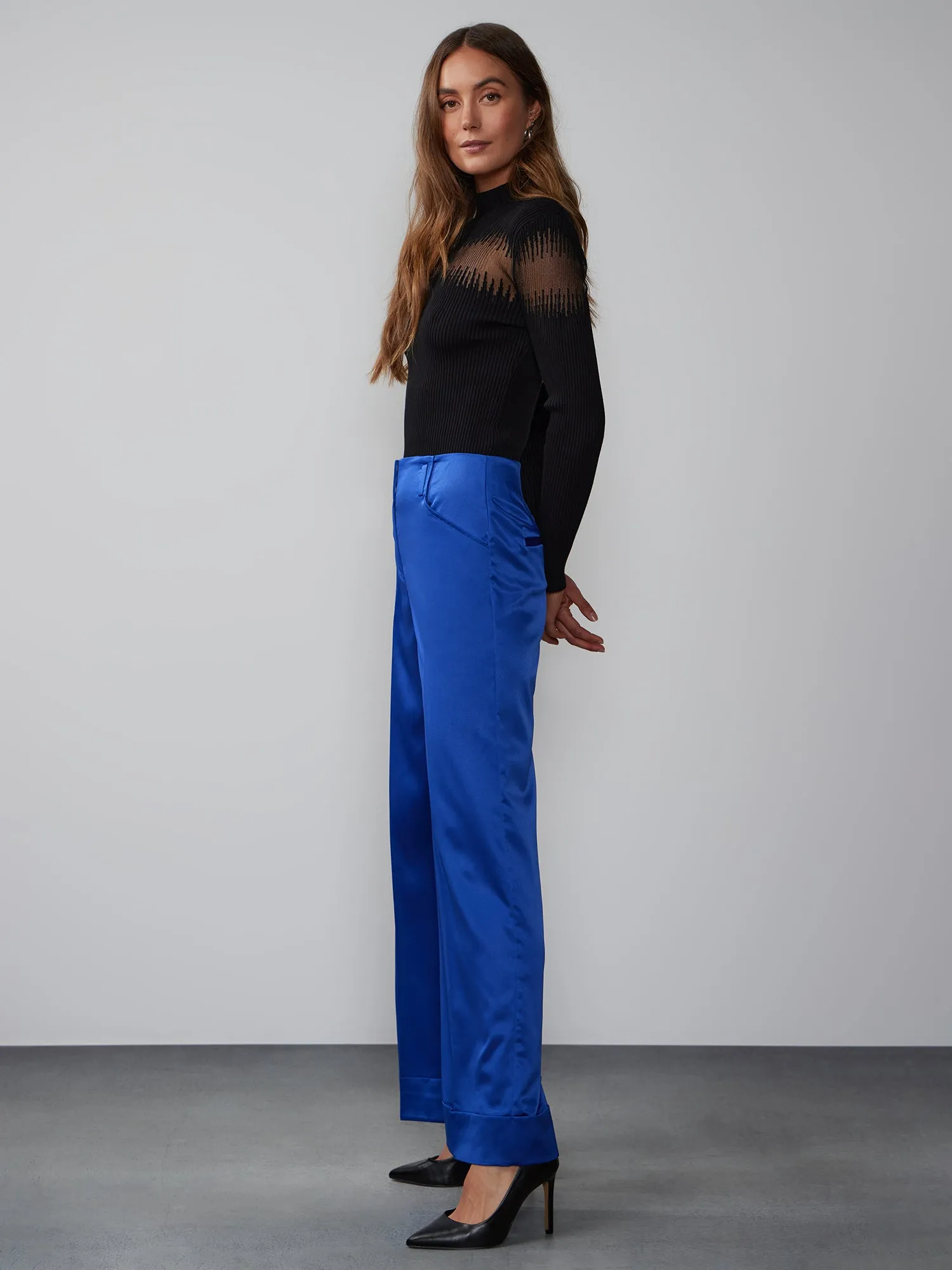 Wide Leg Cuffed Satin Pant