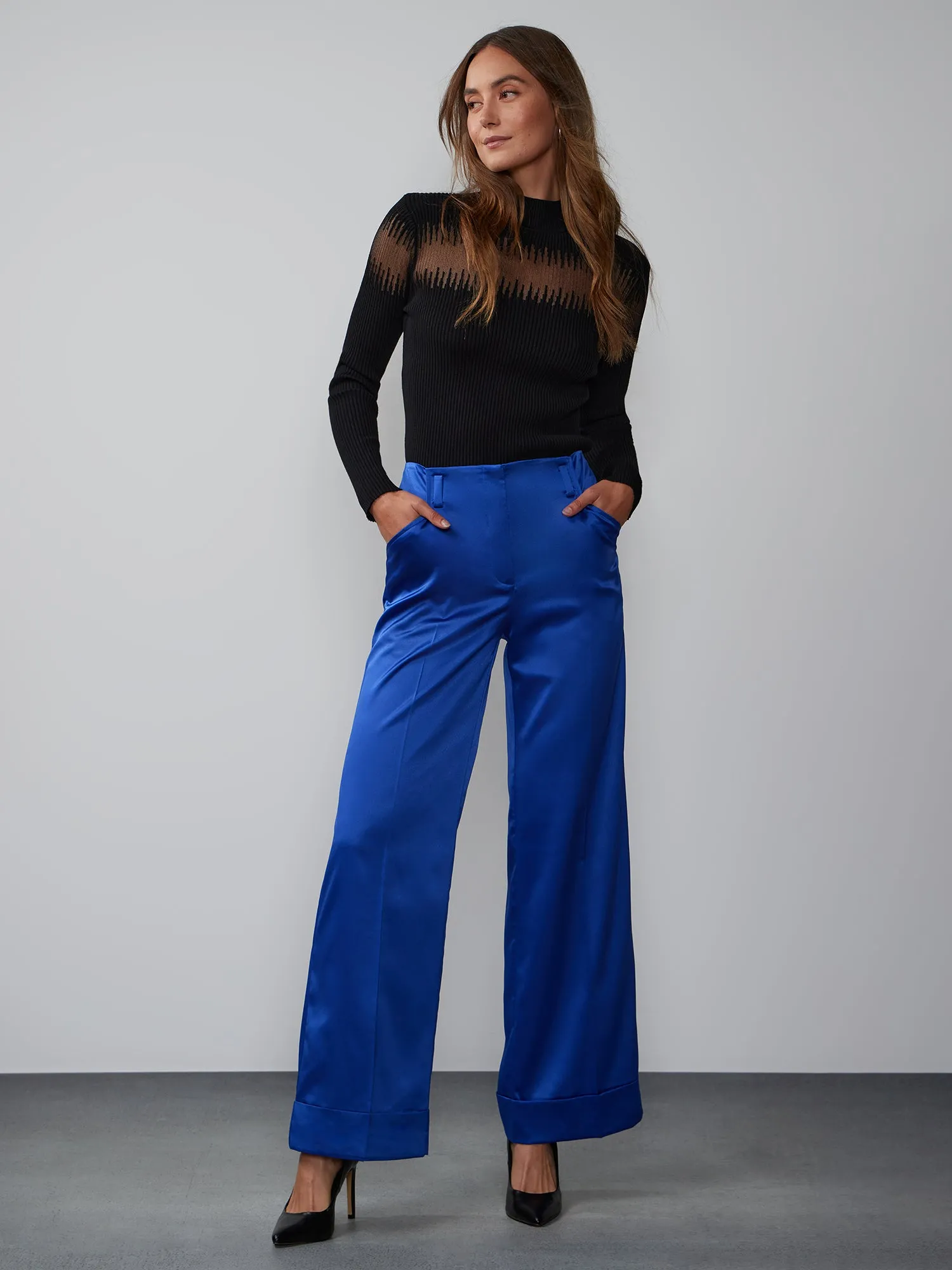 Wide Leg Cuffed Satin Pant