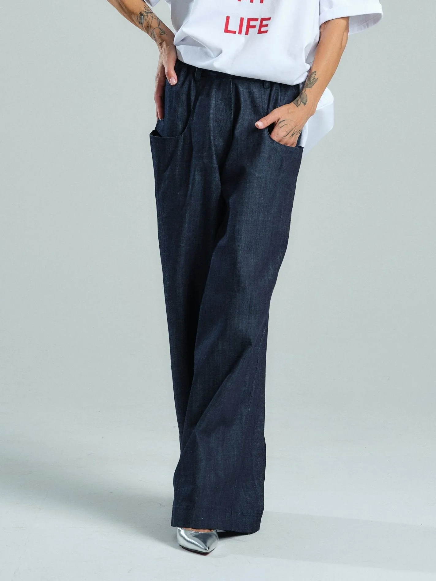 Wide-Leg Denim Pants