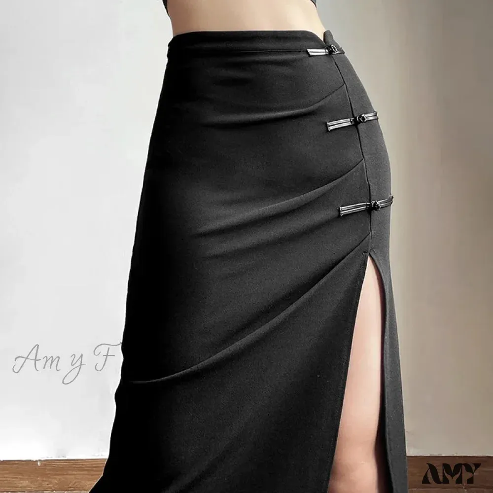 Women Skirt Mid-length Solid A-line Waist Sexy Slits Slim Streetwear High Long Hip-covering Black