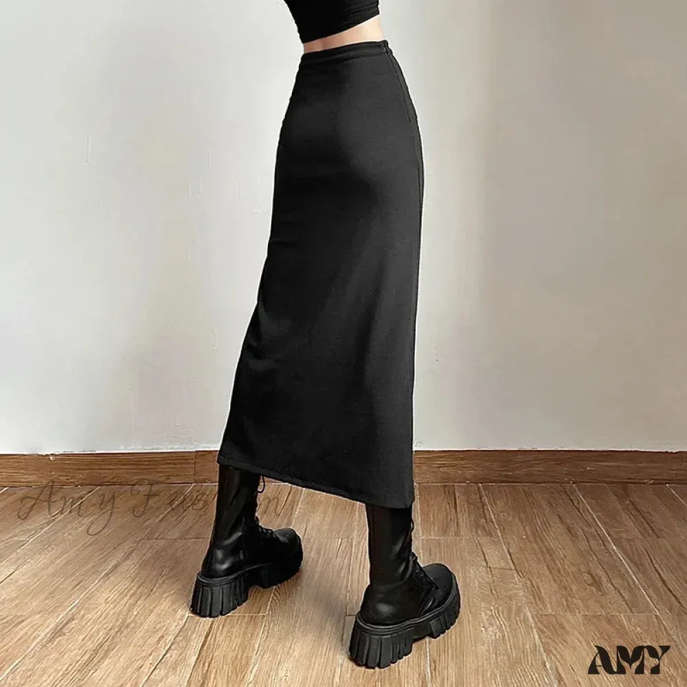 Women Skirt Mid-length Solid A-line Waist Sexy Slits Slim Streetwear High Long Hip-covering Black