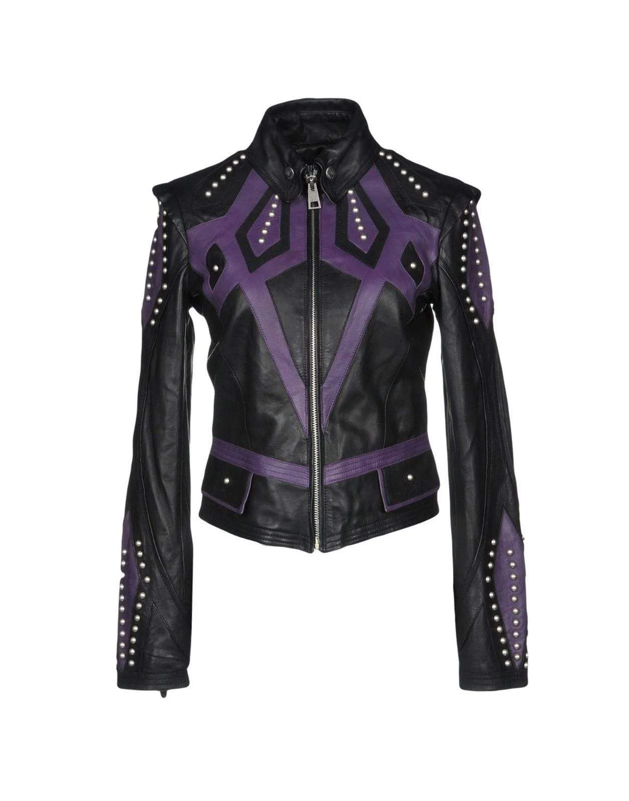 Women's Burnished Two Tone Black Purple Leather Silver Small Studs Jacket