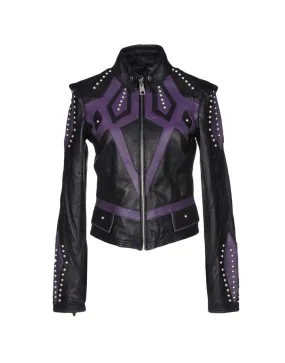 Women's Burnished Two Tone Black Purple Leather Silver Small Studs Jacket