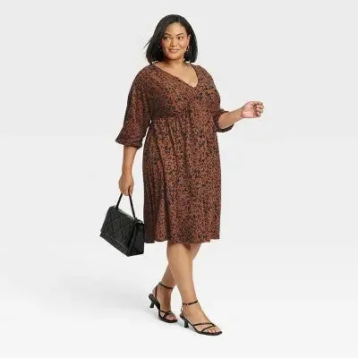 Women's Dolman 3/4 Sleeve Knit Empire Waist Dress - Ava & Viv Brown Houndstooth 3X