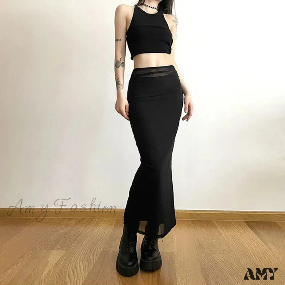 Y2K Black Long Harajuku Sexy Mesh Patchwork Wrap Summer Gothic Korean High Waist Slim A-Line Skirt